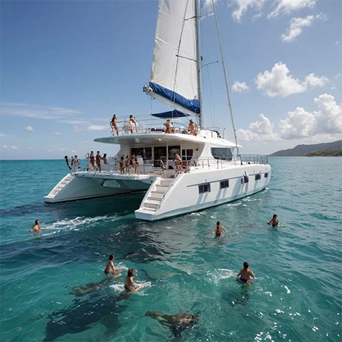 Catamaran in ocean with naked people swimming Catamaran in ocean with naked people swimming
